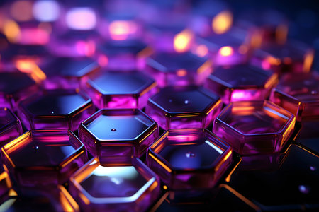 Close-up view of an abstract hexagonal structure, rendered with vibrant purple and golden hues. The image creates a futuristic and technological feel.の写真素材