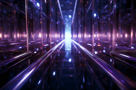 A digital art piece showing a futuristic purple neon corridor with reflective surfaces and bright lights.の写真素材