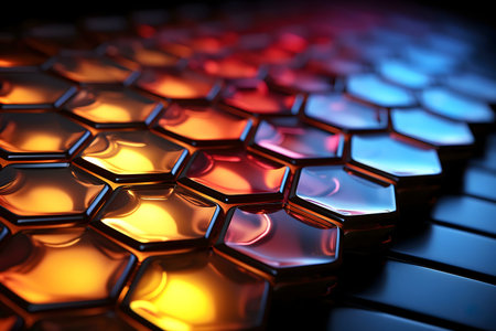 Close-up view of a vibrant abstract hexagon pattern, showing a sleek and modern design with glowing...
