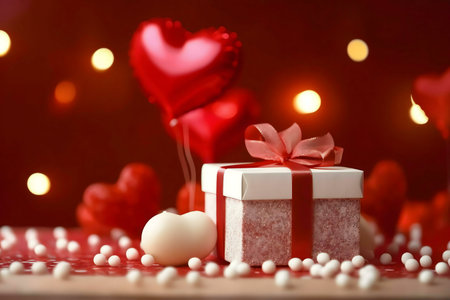 A romantic Valentines Day gift scene featuring a white gift box with a red ribbon, heart shaped balloons and candles, surrounded by red hearts and sparkling lights.の写真素材