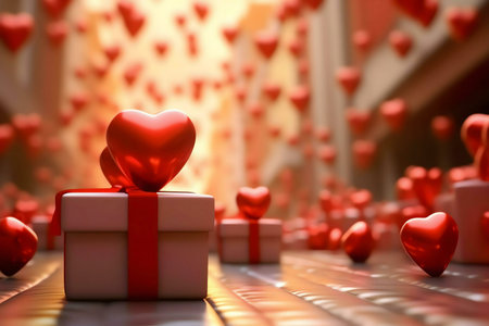 A heartwarming image featuring a gift box adorned with red hearts, symbolizing love and Valentine's Day.の写真素材