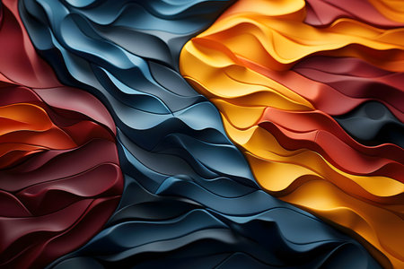 Vibrant abstract artwork featuring dynamic waves in blue, gold, and burgundy. A visually striking digital illustration.の写真素材