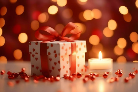 A heart-shaped gift box with a red ribbon sits next to a lit candle, creating a romantic atmosphere. Red hearts are scattered nearby.の写真素材