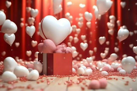 A red gift box with a large white heart on top, surrounded by smaller pink and white hearts, falling hearts, and red beads.の写真素材