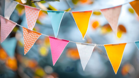 A string of colorful flags hangs in a sunny outdoor setting. Perfect for celebrations.の写真素材
