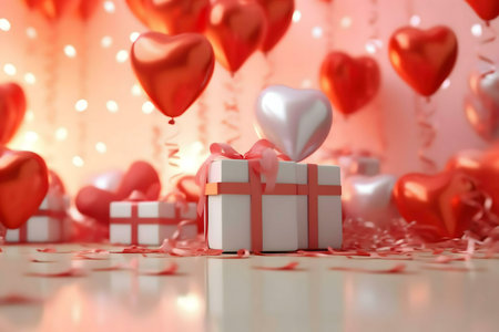 A white gift box with a pink ribbon sits among many red and white heart-shaped balloons. A perfect image for Valentine's Day.の写真素材
