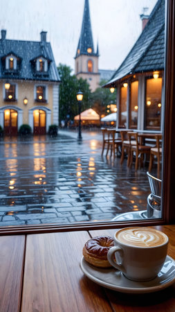 Rainy day cafe scene. Coffee and pastry enjoyed while gazing at a charming European town outside the window. Warm and cozy atmosphere.の写真素材