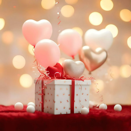 A white gift box adorned with heart-shaped balloons and a red ribbon, perfect for Valentine's Day.の写真素材