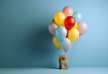 A burlap bag filled with colorful balloons sits against a light blue background. The image evokes a sense of celebration and joy.の写真素材