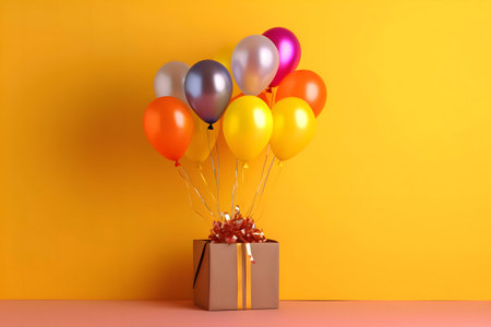 A brown gift box with colorful balloons on top against a yellow background. Perfect for birthday or festive occasions.の写真素材