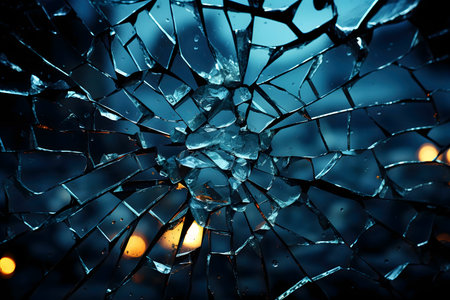 Broken glass close-up, dark blue tones. Shattered texture, abstract art.の写真素材