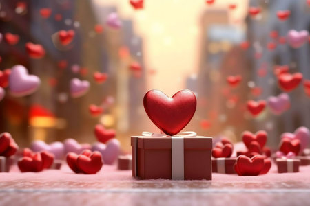 A red heart atop a gift box, surrounded by falling hearts, in a beautiful urban setting. Perfect for Valentines Day!の写真素材
