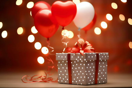 A romantic gift scene with red and white heart-shaped balloons, a beautifully wrapped present, and warm, glowing lightsの写真素材