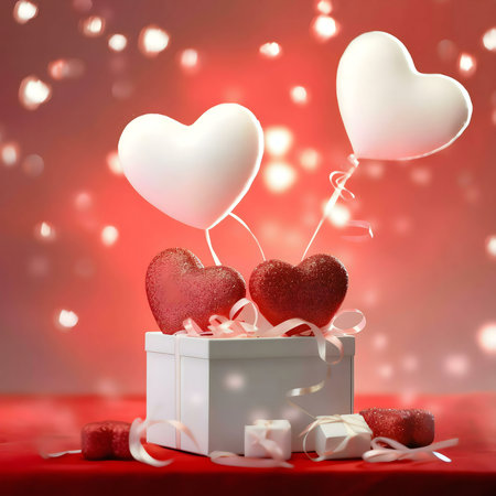 A white gift box with red glitter hearts and white heart-shaped balloons. Perfect for a romantic Valentine's Day setting.の写真素材