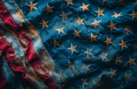 Close-up of a tattered, aged American flag. Deep blues, faded reds and whites. Shows the passage of time.の写真素材