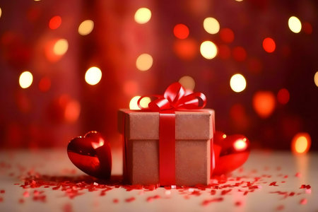 A romantic gift box adorned with a red ribbon, surrounded by red hearts and warm lights, perfect for Valentine's Day.の写真素材