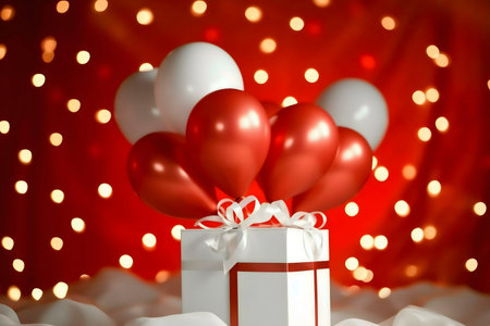 A white gift box adorned with red and white balloons against a sparkling red backdrop. A perfect...