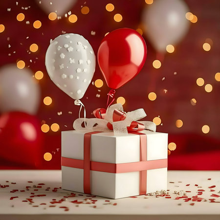 A white gift box adorned with a red ribbon sits amidst festive balloons and confetti, creating a celebratory atmosphere.の写真素材