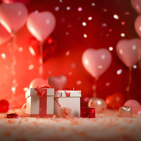 Gifts, heart balloons, and confetti create a romantic Valentine's Day scene. Perfect for expressing love and affection.の写真素材