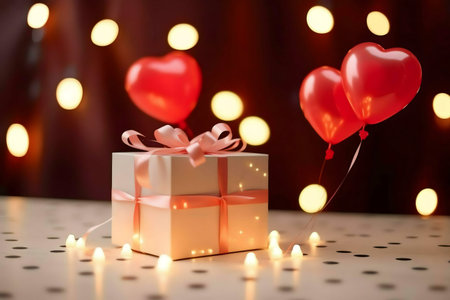 A romantic scene featuring a beautifully wrapped gift box, heart-shaped balloons, and soft lighting.の写真素材