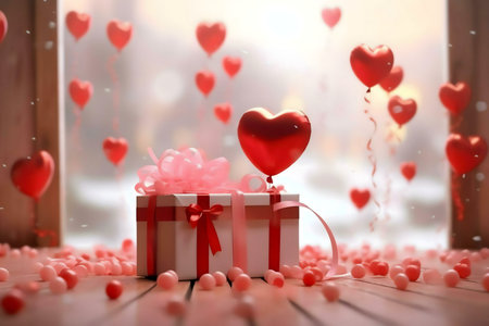 A romantic Valentine's Day scene featuring a gift box with a red ribbon and heart-shaped balloons.の写真素材