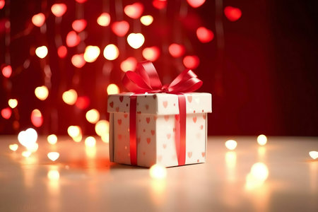 A beautifully wrapped gift box sits on a table, surrounded by warm, heart-shaped lights. Perfect for...
