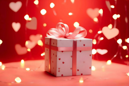 A beautifully wrapped gift box sits on a table with hearts and lights. Perfect for Valentine's Day or any romantic occasion.の写真素材