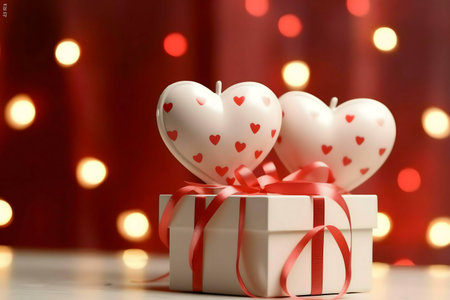 Two heart-shaped candles atop a gift box, illuminated by warm red lights. A romantic Valentine's Day scene.の写真素材