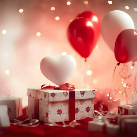 A romantic scene with a heart-shaped gift box and red balloons perfect for Valentine's Day.の写真素材