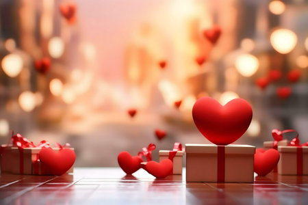 Red hearts and gifts for a romantic Valentine's Day. A festive scene full of love and warmthの写真素材