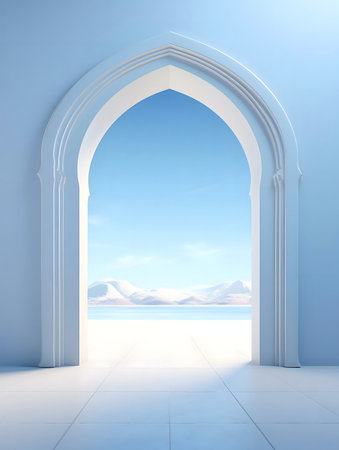 A tranquil scene viewed through an elegant archway; mountains and a calm lake under a clear sky.の写真素材