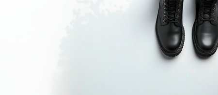 Pair of black leather boots showcased against a clean white backdrop. Perfect for fashion or footwear websites.の写真素材