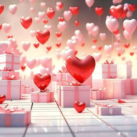 Floating hearts and gifts, a perfect Valentine's Day scene.