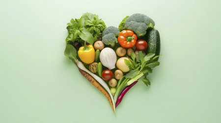 Vibrant assortment of fresh vegetables arranged in a heart shape. A healthy and delicious food concept.の写真素材