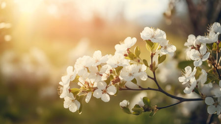 Close-up of delicate white blossoms bathed in warm sunlight. A serene springtime scene.