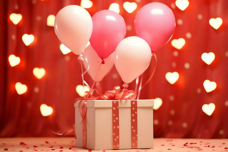 Pink and white balloons over a gift box with hearts background. Perfect for Valentine's Dayの写真素材