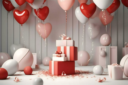 Heart-shaped balloons and gifts create a romantic Valentine's Day scene.の写真素材