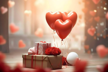 A romantic Valentine's Day scene with heart-shaped balloons, gifts and roses.の写真素材