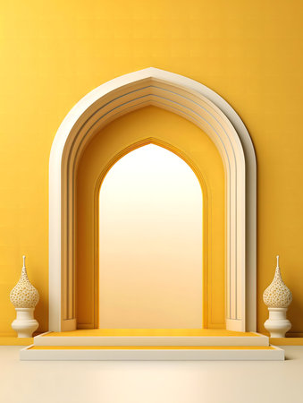 3D render of a minimalist archway with yellow walls and white accents. Elegant and serene.の写真素材