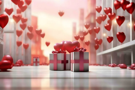 Gifts and red heart-shaped balloons floating through a romantic city street.の写真素材