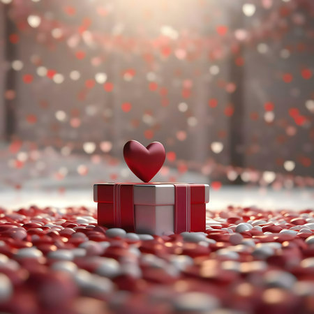 A red heart sits atop a gift box amidst red and white hearts. A scene of romance and love.の写真素材