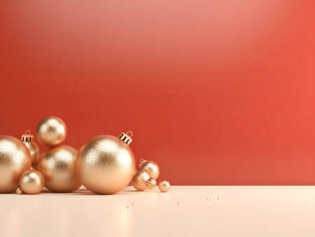 Gold Christmas ornaments on a coral background. Festive and elegant.の写真素材