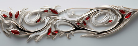 Close-up of an elaborate silver jewelry piece with red gemstones.