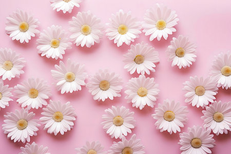 Many delicate white daisies on a pink background. Perfect for spring and summer.の写真素材