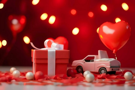 A romantic Valentine's Day scene with a red heart balloon, a gift box, and a pink toy car. Perfect for a special occasion.の写真素材