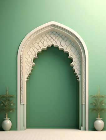 A 3D render of an elegant Islamic archway in a green room.の写真素材