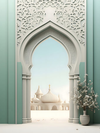 A serene view of a mosque through an ornate arch. The scene evokes a feeling of peace and tranquility.の写真素材