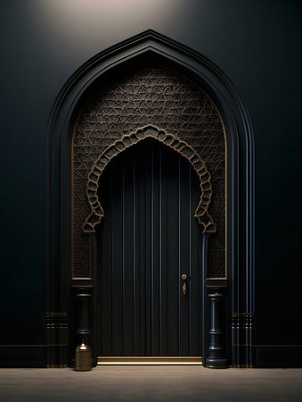 Dark elegant door with intricate gold details. Moroccan architectural style.の写真素材
