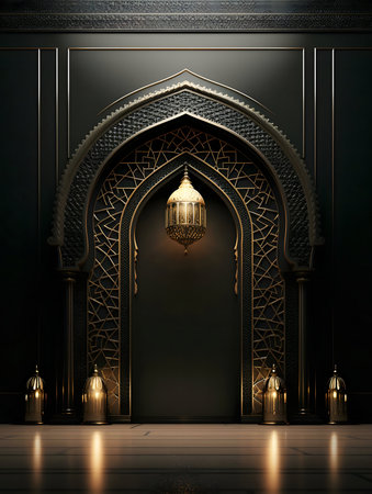 A luxurious Ramadan interior showcasing Islamic architecture and design elementsの写真素材
