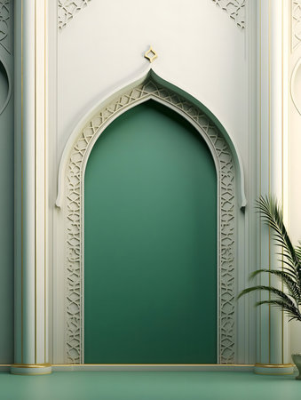 A serene green and white interior with an Islamic architectural arch. Intricate details and elegant design.の写真素材
